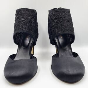 Anthropologie ALL BLACK Leather & Lace Appliqué d’Orsay Cut Black Heels Size 38